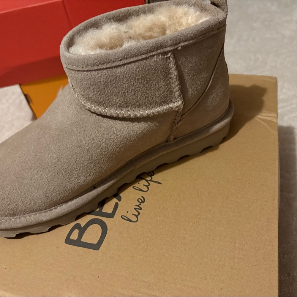 BearPaw Tan Suede Ankle Boots with Shearling Lining